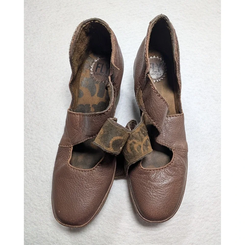 Fly London Pez Brown Leather Wedge Mary Jane Hook & Loop Comfort Shoes Women 8.5